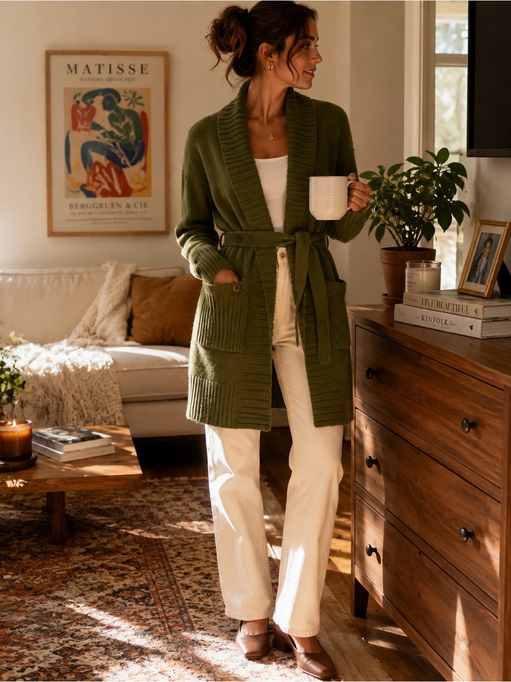 Isaac Mizrahi Live Olive Green Long Belted Cardigan Sweater XS Shawl Collar